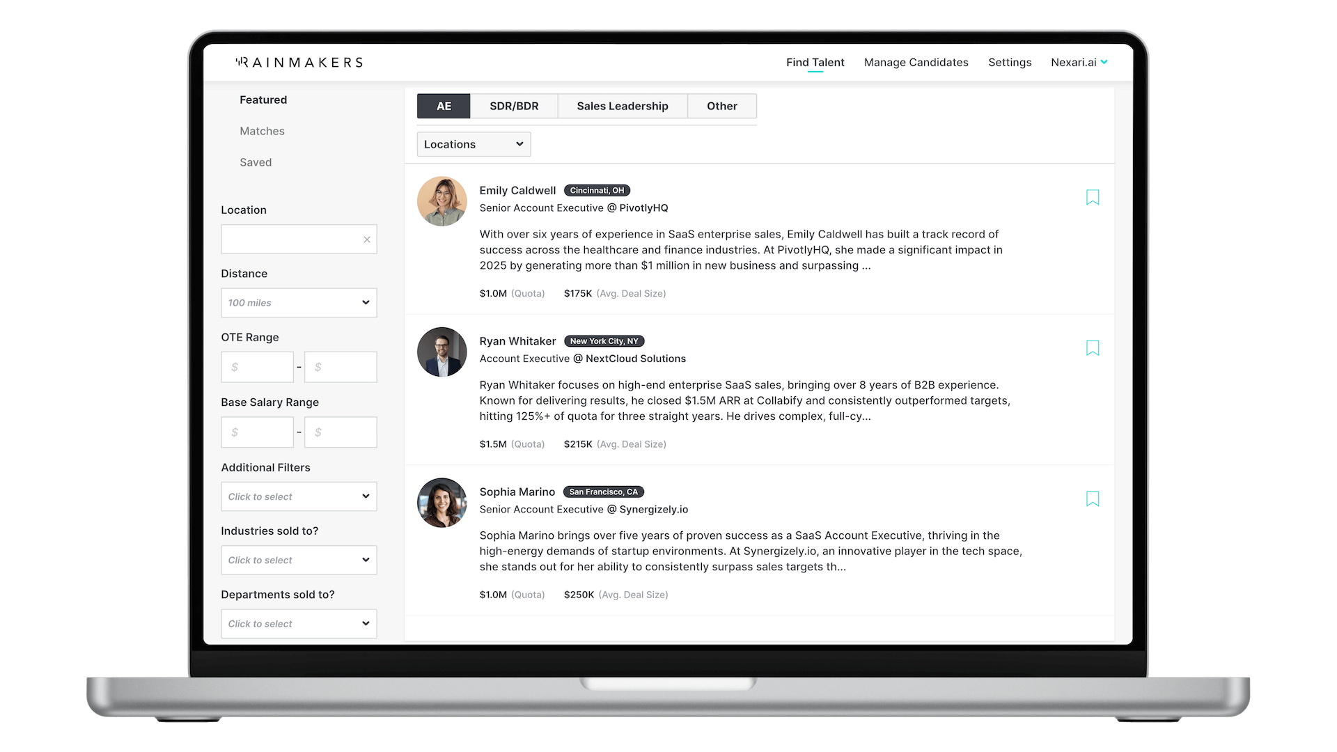 Rainmakers platform showing candidate marketplace and sales talent profiles