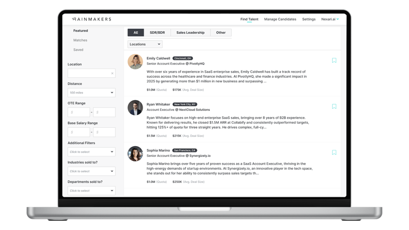 Rainmakers platform showing candidate marketplace and sales talent profiles